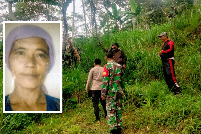 BELUM KETEMU: Tim gabungan saat menyisir hutan untuk mencari keberadaan Sumarti. Sejak pamit cari rumput Sabtu (1/4), keberadaan Sumarti belum diketahui. Inset; Sumarti yang dilaporkan hilang. (Polsek Nongkojajar for Radar Bromo)