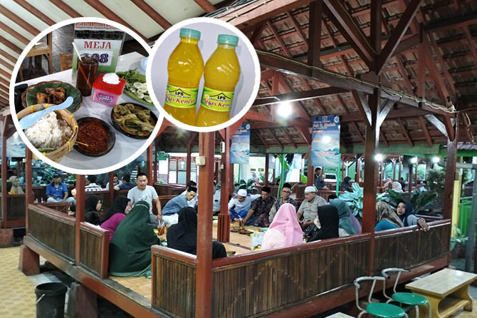 PELOPOR: Warung lesehan ayam goreng Pak Sholeh di Pandaan. Inset berbagai menu yang ditawarkan. (Rizal Syatori/Radar Bromo)
