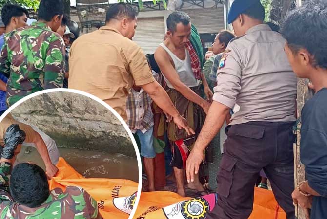 Petugas saat mengevakuasi jenazah Lilis Suwarni di Sungai Gembong kawasan Pelabuhan Pasuruan.
