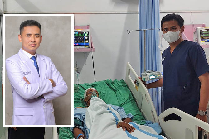 VISITE: Dokter Abdi Saputro, Sp.BS saat visite salah satu pasiennya di RSUD dr Mohamad Saleh. Sejak kembali bertugas di RSUD, sudah tiga pasien operasi bedah saraf yang ditangani. (Arif Mashudi/Radar Bromo)