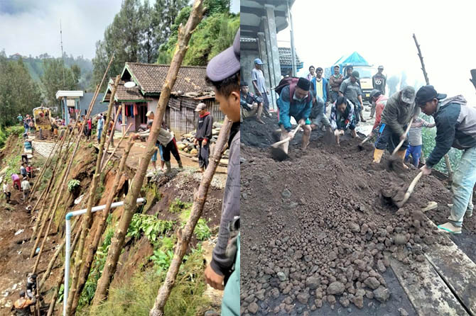 GAGAL: Warga Dusun Puncaksari, Desa Sapih, Kecamatan Lumbang, saat memperbaiki jalan longsor secara swadaya. Sayangnya, perbaikan itu gagal. (Kades Sapih for Radar Bromo)