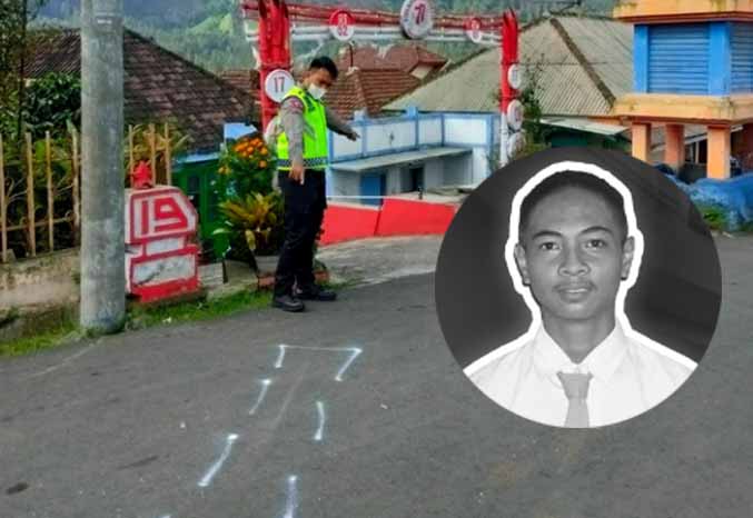 OLAH TKP: Personel Satlantas Polres Probolinggo menandai lokasi kecelakaan di Jalan raya Bromo tepatnya di Wonotoro. Inset, Sefian korban kecelakaan semasa hidup. (Foto: Istimewa)