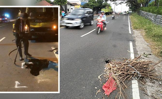 SUDAH TERTANGANI: Ruas jalan nasional di Lemahbang yang berlubang. Inset, petugas saat melakukan penambalan jalan berlubang di atas saluran. (Rizal Syatori/Radar Bromo)