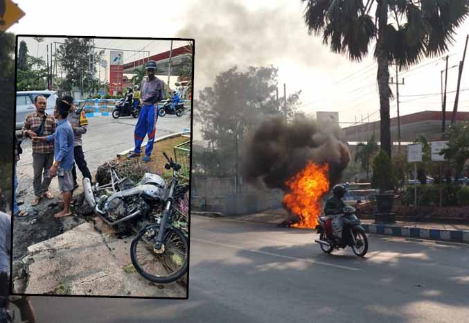 SEBELUM PADAM: Api yang membakar motor milik Sugiyanto di depan SPBU Soekarno Hatta Selasa (6/6) sore. Inset, Sugiyanto (baju biru) dimintai keterangan petugas. (Foto: Fahrizal Firmani/Jawa Pos Radar Bromo)