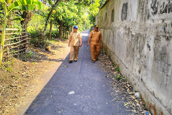 MULUS: Sekretaris Desa Sepuh Gembol Slamin (kanan) bersama Kasi Pembangunan Suparman saat berjalan di jalan aspal lapen RT 1/ RW 1, Dusun Jati, yang sudah dibangun beberapa pekan lalu. (Achmad Arianto/Radar Bromo)