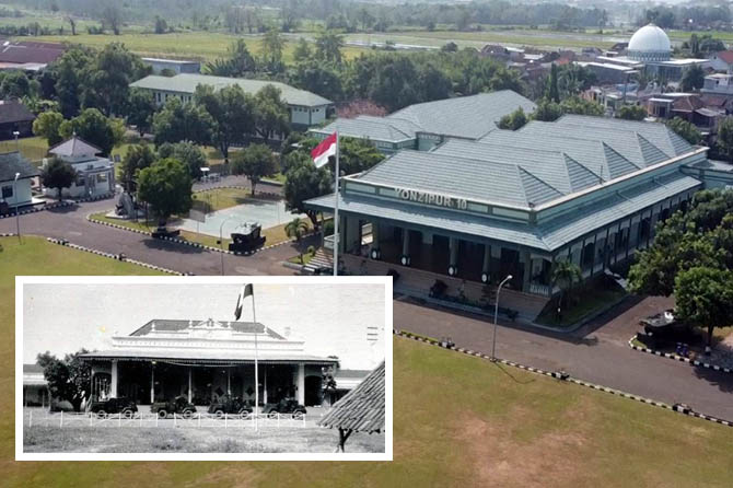 MASIH BERDIRI KOKOH: Bangunan rumah Gading yang dulu ditempati taipan gula (inset). Kini bangunan cagar budaya itu jadi markas Yon Zipur 10/2 Kostrad (foto kanan). (Istimewa-Fahreza Nuraga/Radar Bromo)
