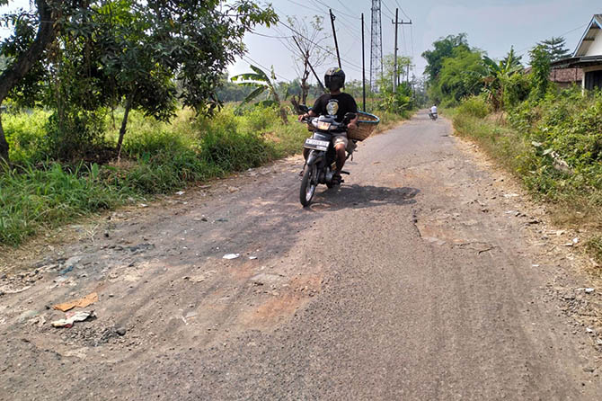 ASPAL BANYAK MENGELUPAS: Seorang pengendara motor melintas di ruas jalan Mojotengah, Sukorejo-Wedoro, Pandaan, yang rusak. Pemkab memastikan bakal memperbaiki tahun ini. (Rizal Syatori/Radar Bromo)