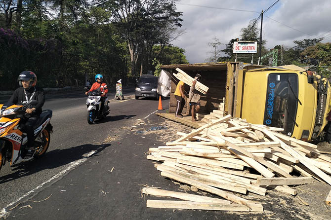 MUATAN TERCECER: Kondisi truk muat sengon yang terguling di depan jalan raya Purwodadi, Kabupaten Pasuruan, Rabu (28/6). (Rizal Syatori/Radar Bromo)
