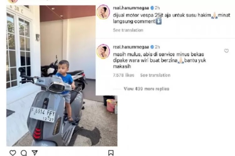 WARA-WIRI: Unggahan Hanum Mega jual Vespa milik sang suami, dipakai untuk wara-wiri dan berzina.