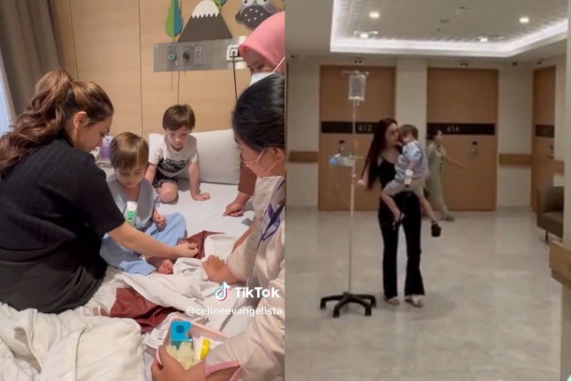 RAWAT ANAK: Celine Evangelista merawat anak yang lagi sakit di tengah kesibukan syuting. Dia pun dibandingkan dengan  Nathalie Holscher.