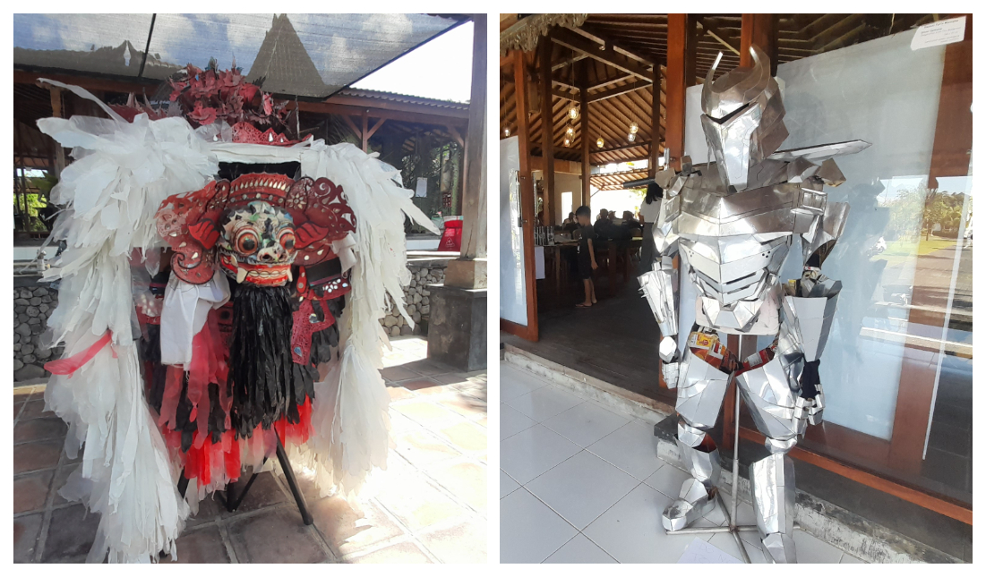 Barong ketet (kiri) dan robot memanfaatkan olahan barang bekas dalam TrashStock Festival 2023.