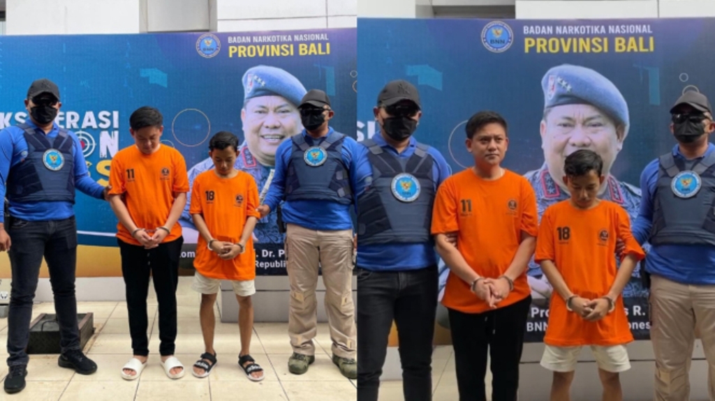 DIGELEDAH: Bobon Santoso dan rekannya ditahan BNN Provinsi Bali. Saat digeledah, ditemukan 800 paket siap edar.