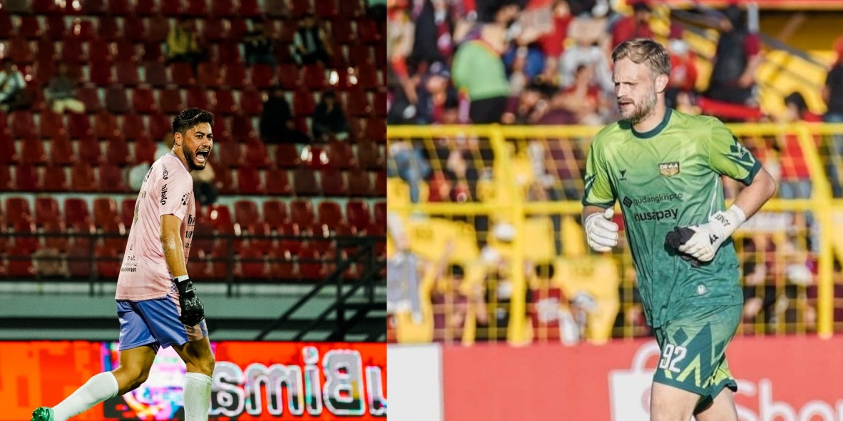 Kiper Bali United Adilson Maringa (kiri) dan penjaga gawang Dewa United dikawal oleh Sonny Stevens.