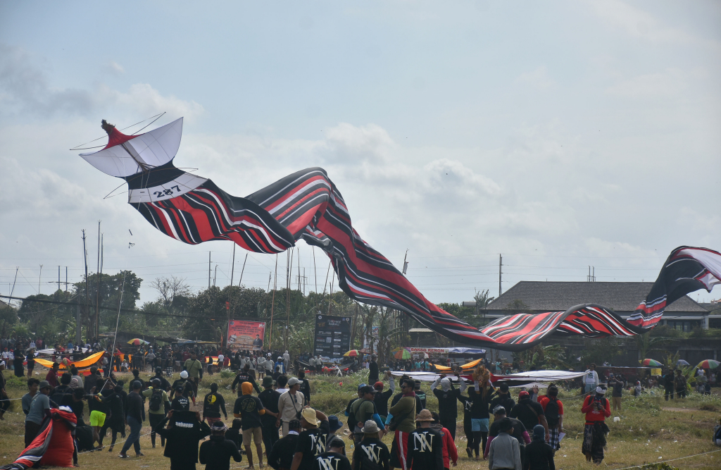 Sejumlah Sekaa layangan menurunkan layang-layang saat mengikuti Festival Layangan Bali 2023 di Pantai Padanggalak, Denpasar, Minggu (23/7). #bali #layangan #tradisional