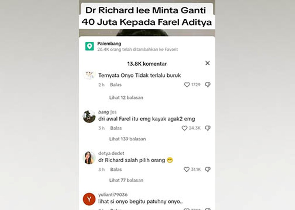 KOMENTAR: Warganet ramai komentari soal Farel Aditya diminta ganti rugi Rp 40 juta oleh dr Richard Lee.