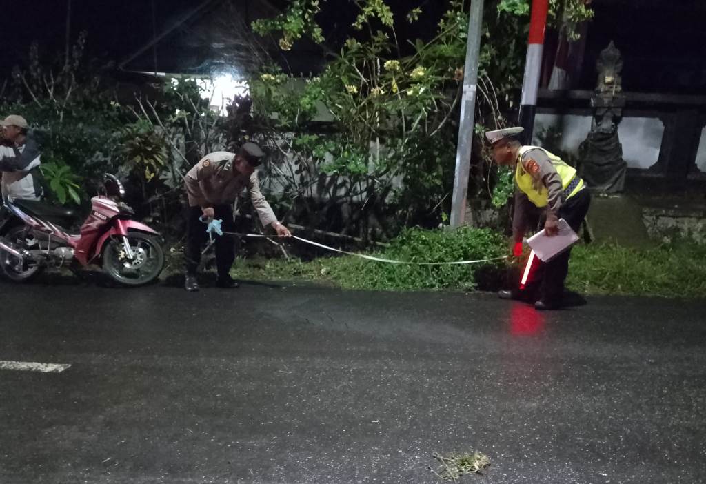 OLAH TKP: Personil Polsek Rendang melakukan olah TKP di lokasi lakalantas yang bertempat di jalan umum Besakih menuju Dusun Batusesa, Desa Menanga, Rendang, Karangasem, Bali.