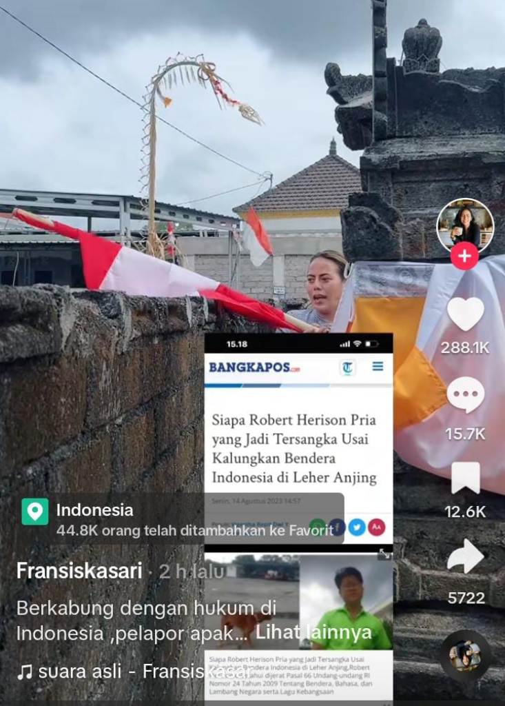 TURUNKAN BENDERA: Aksi Seleb Tiktok Dian Fransiska turunkan bendera merah putih. Aksi transpuan yang tinggal di Bali ini banjir dukungan warganet.