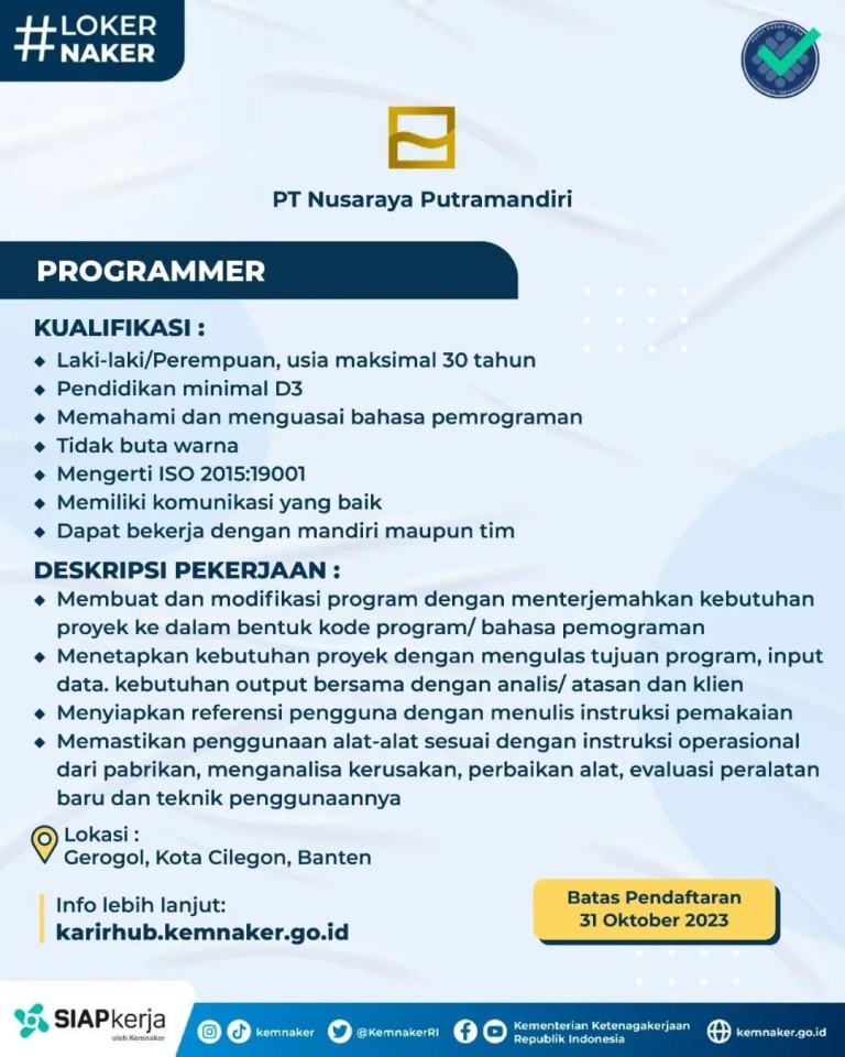 LOWONGAN: Ini persyaratan dan link pendaftaran dari PT Nusaraya Putramandiri untuk lowongan kerja dan kesempatan berkarier sebagai programmer.