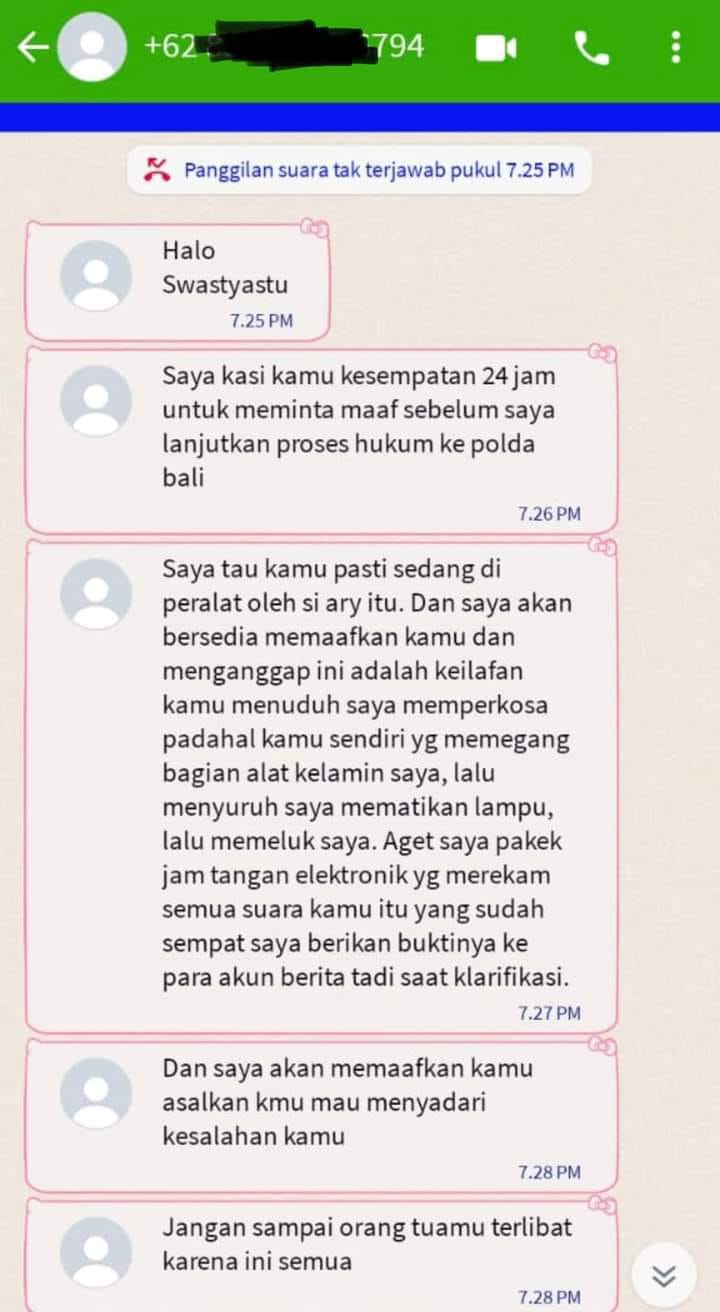 CAPTURE: Capture chat diduga Jero Dasaran Alit kepada terduga korban NCK yang diunggah Ary Ulangun. Diduga Jero Dasaran Alit intimidasi NCK.