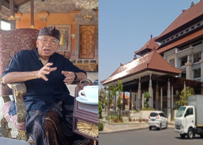 STATUS : (kiri) Penglingsir Puri Agung Gianyar, Prof DR Anak Agung Gde Agung.(kanan) Pasar Rakyat Gianyar.