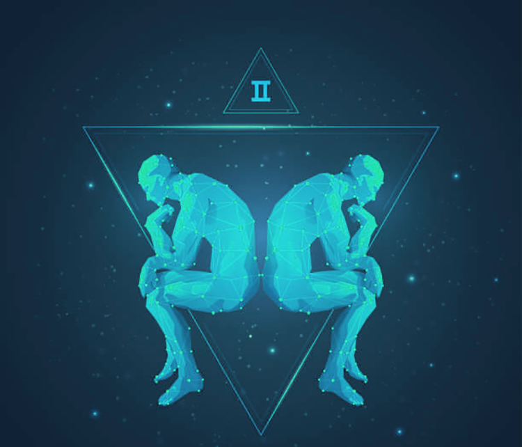vector of gemini horoscope sign in twelve zodiac with galaxy stars background, graphic of polygon man thinking