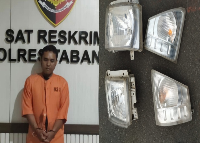 DIBEKUK : Rudi Ardiyanro, 24, pedagang gorengan yang juga spesialis pencuri lampu mobil diamankan Polres Tabanan.