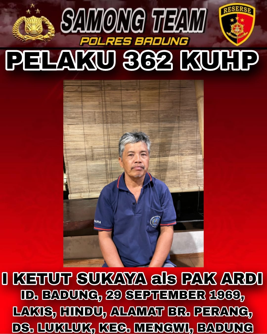 DIRINGKUS: Setelah setahun beraksi di Puspem badung dengan mencuri uang hingga barang berharga dengan mencongkel sadel motor, Sukaya harus merasakan dinginnya kurungan jeruji besi.