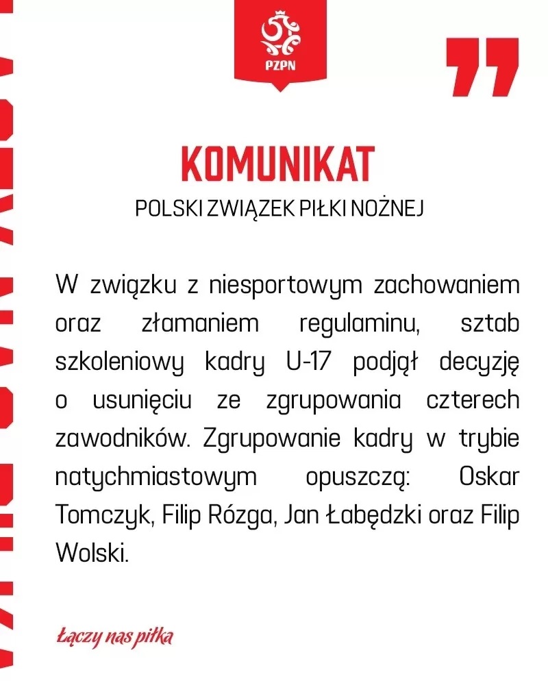 Pernyataan resmi Federasi Sepakbola Polandia (PZPN) terkait kejadian yang dilakukan empat pemain U17 mereka.