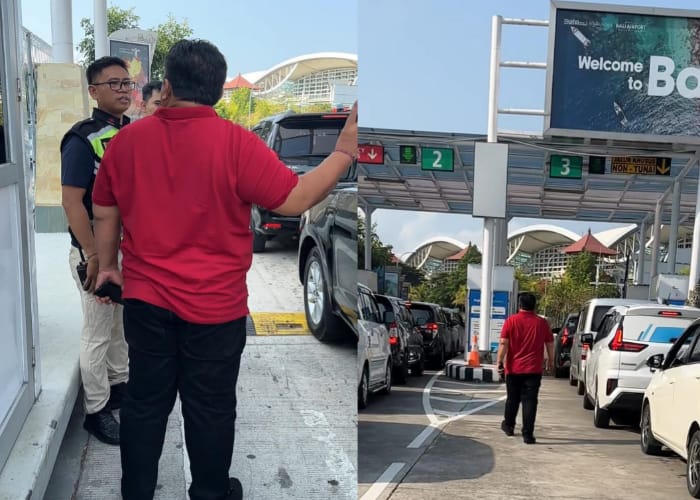 KRODIT : Anggota DPR RI Nyoman Parta saat terjebak dalam antrean kendaraan di pintu keluar Bandara Ngurah Rai.
