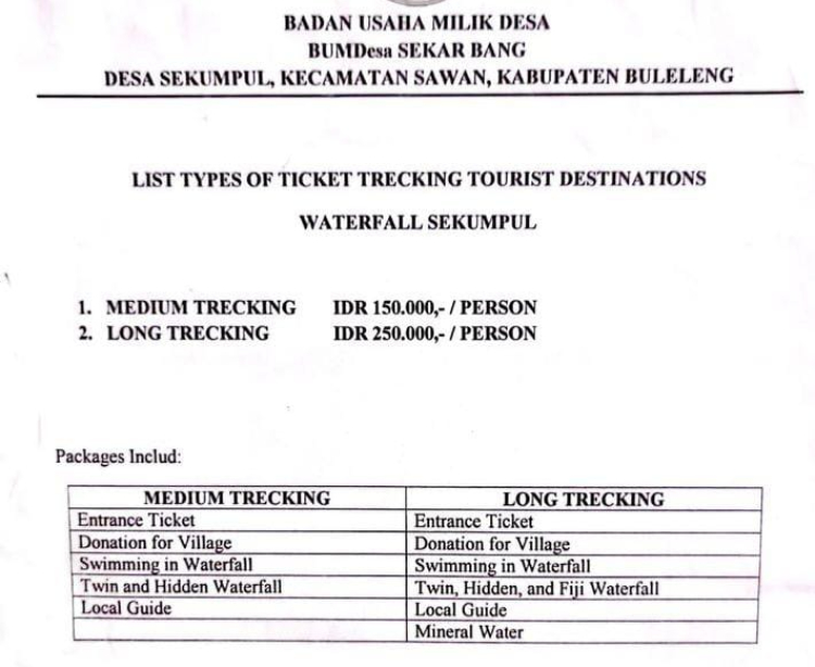 rincian harga tiket masuk air terjun Sekumpul