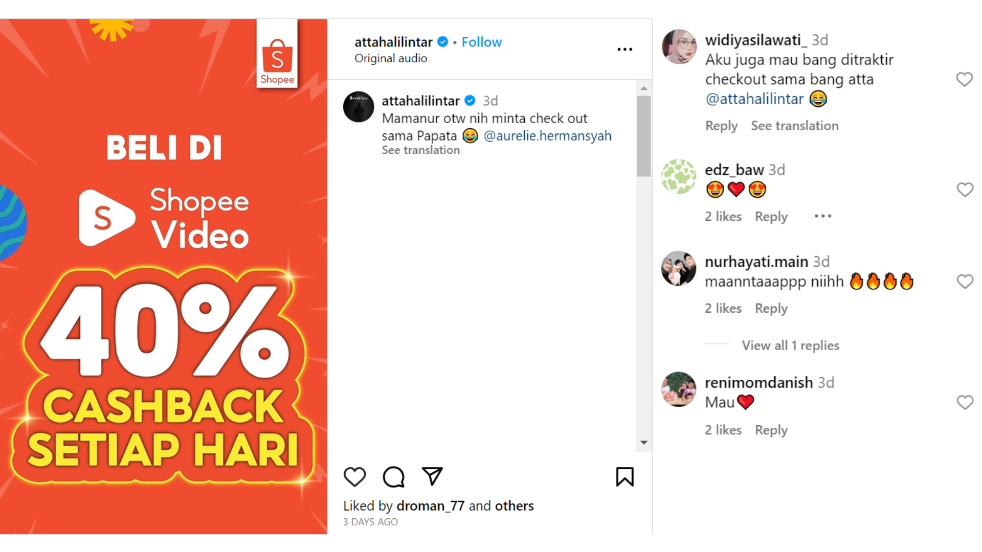 Capture postingan dan komen di Instagram Atta Halilintar.