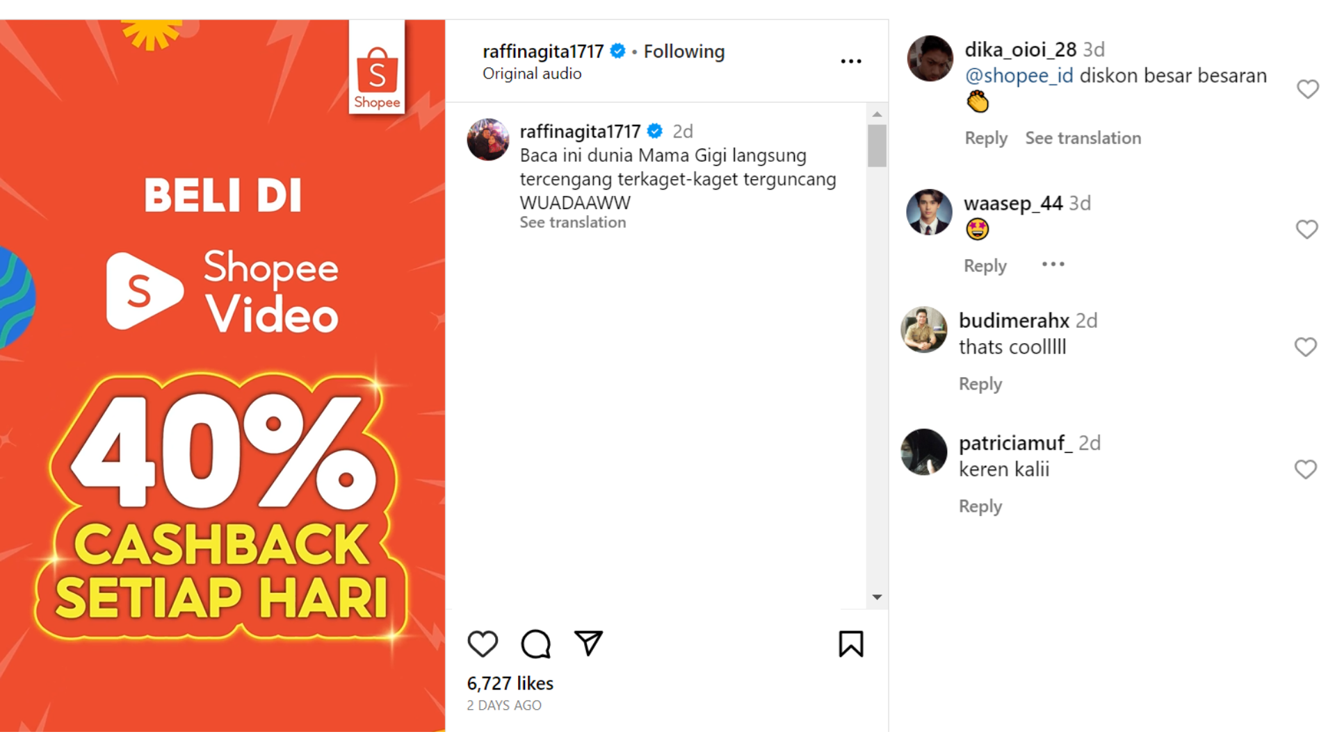 Capture postingan dan komen di Instagram Raffi Ahmad.