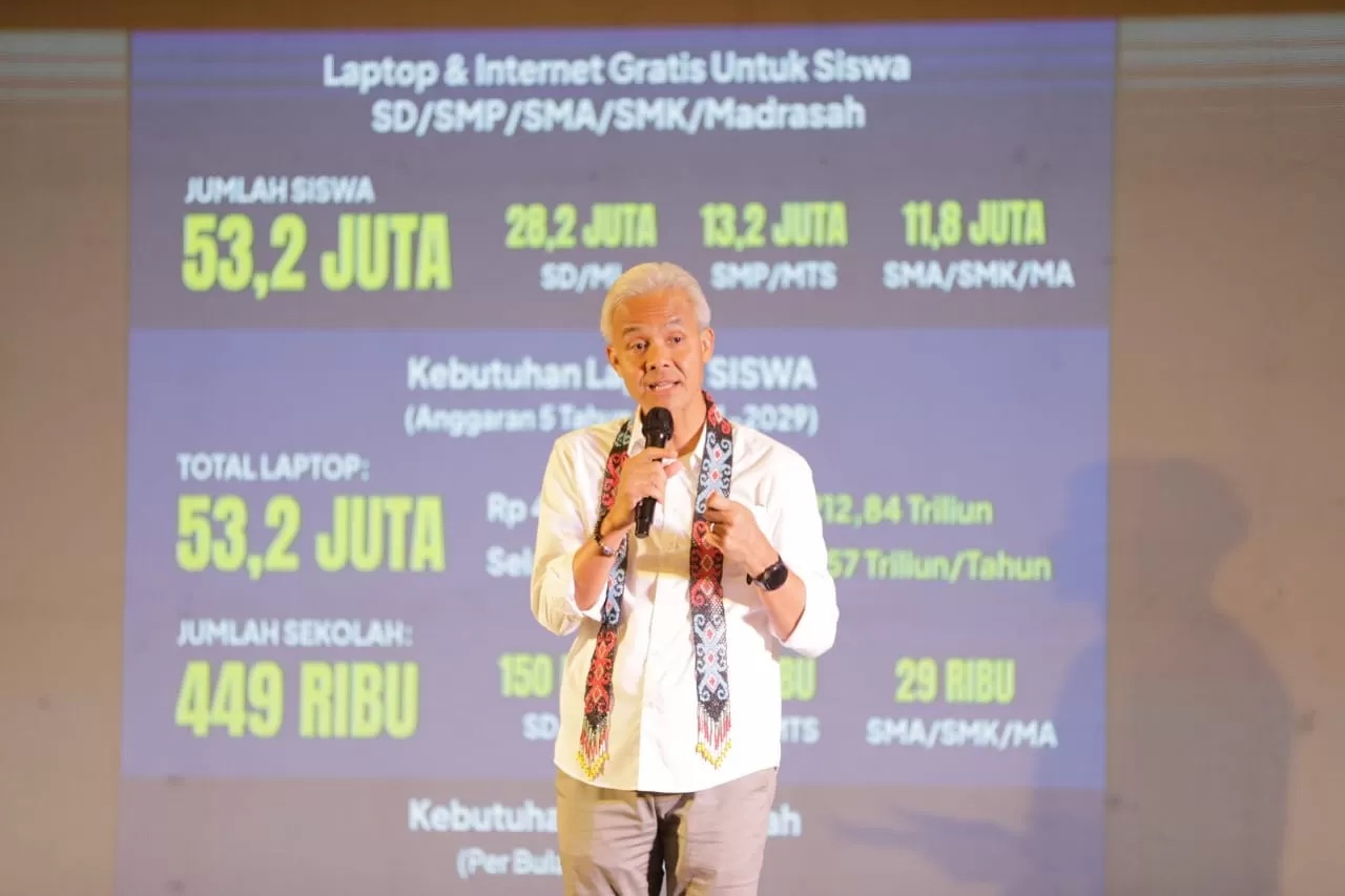 Capres ganjar Pranowo yang menyampaikan janinya menyediakan internet gratis di sekolah saat mengunjungi Balikpapan.