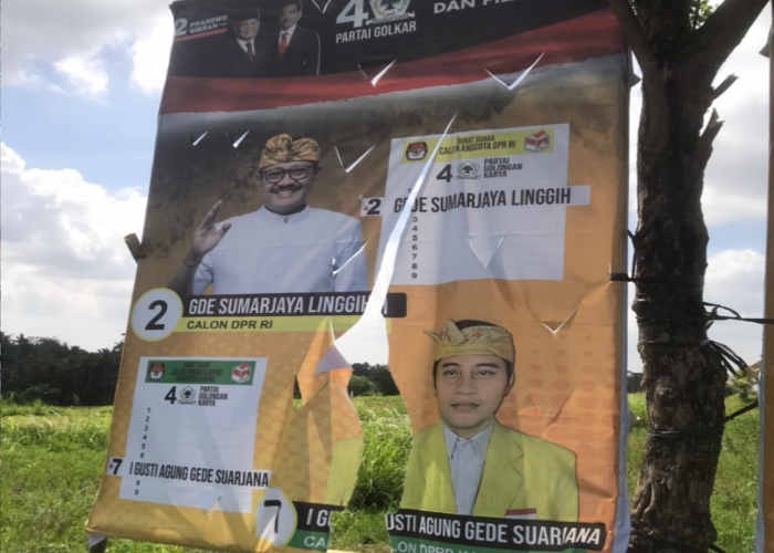 DISOBEK: Salah satu Baliho Caleg DPRD Badung dari Partai Golkar yang telah dirusak.