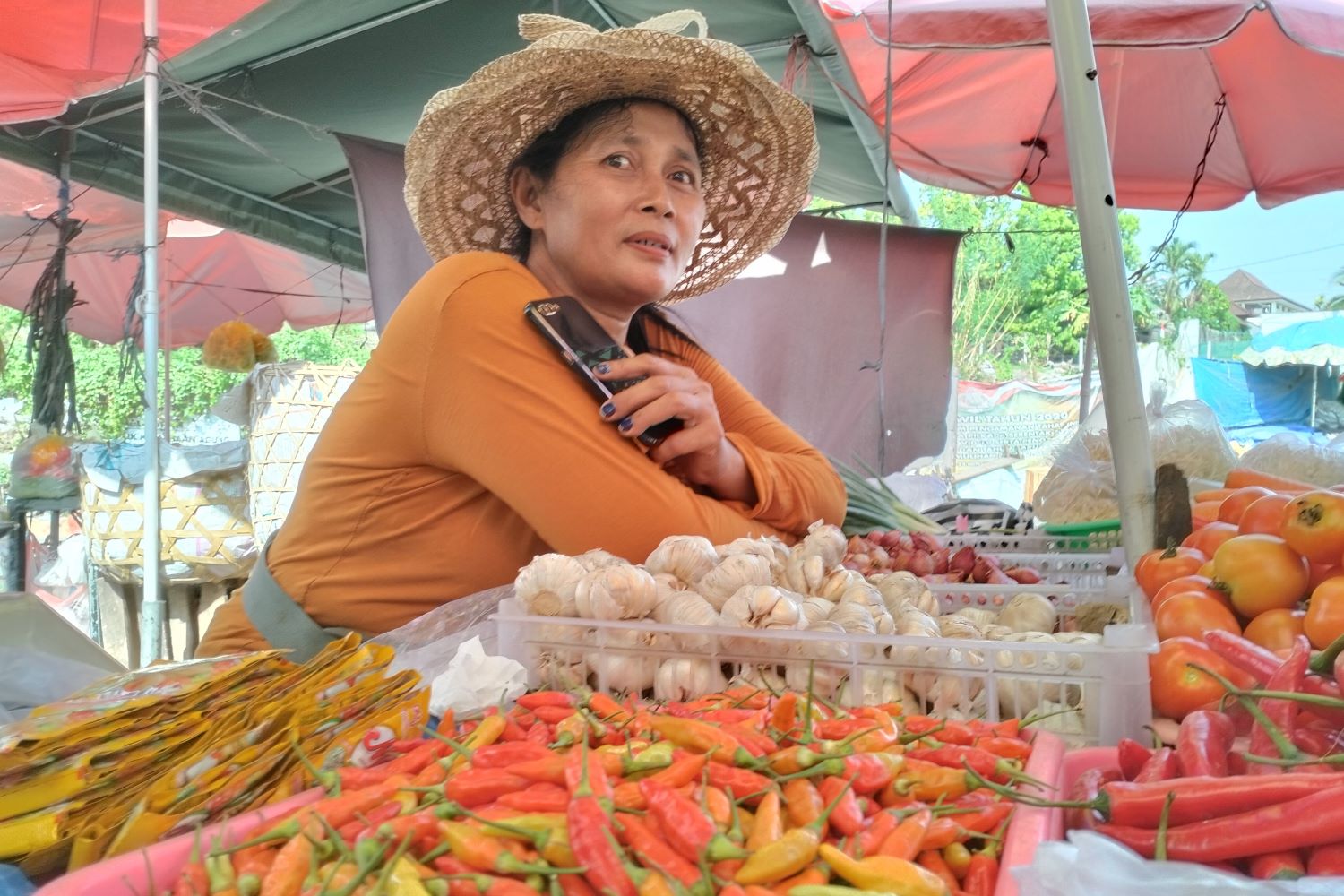 Pedagang cabai di pasar tradisional di Tabanan, Bali mengatakan harga cabai turun.