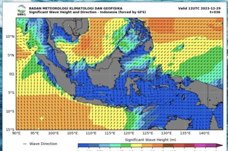 WASPADA: BMKG mengumumkan peta sebaran angin di Indonesia pada Jumat (29/12/2023). Hal ini diprediksi memicu gelombang tinggi capai 4 meter.
