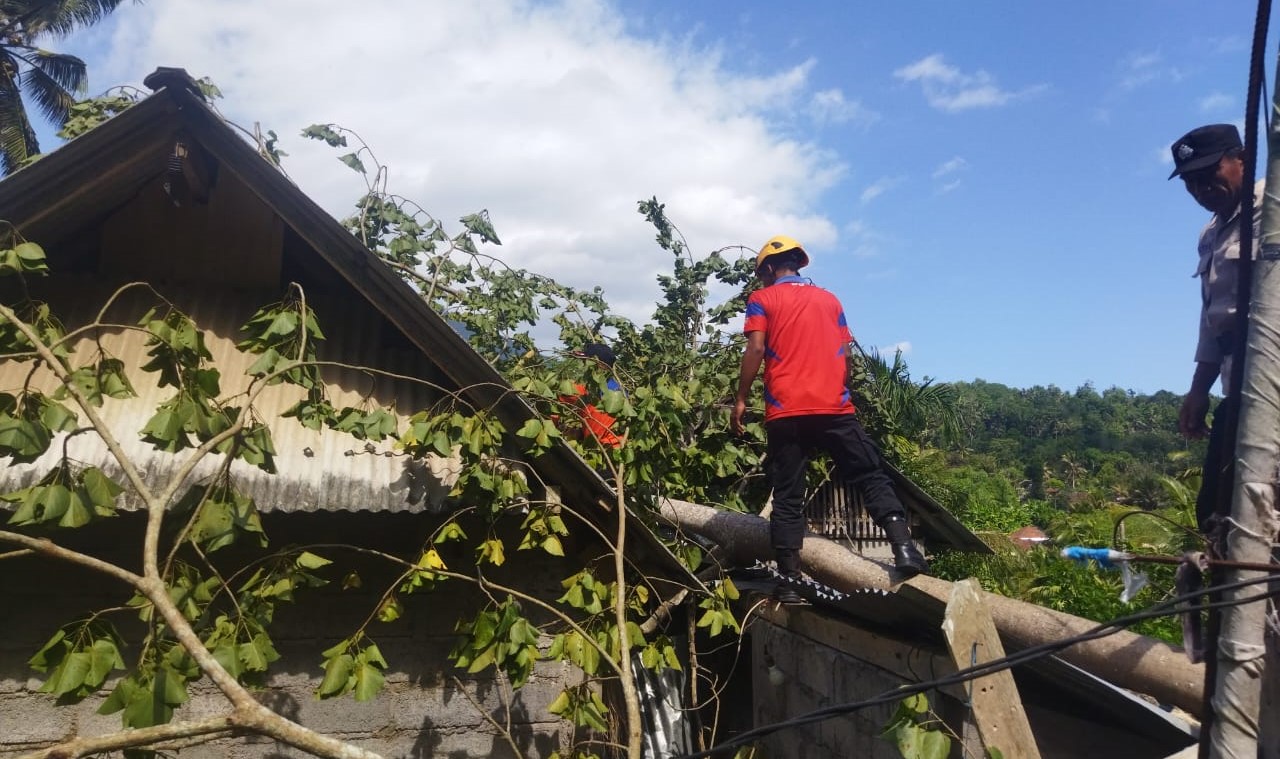 Pohon tumbang menimpa atap bangunan kamar mandi dan dapur warga di Banjar Dinas Tiyingtali Kelod, Desa Tiyingtali, Kecamatan Abang, Karangasem, Bali, Sabtu, 13 Januari 2024.