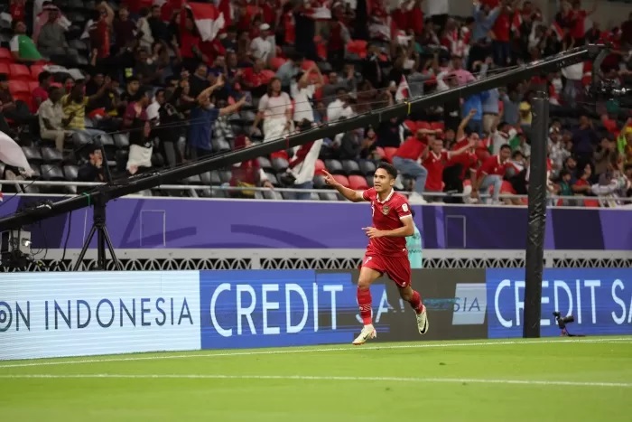SELEBRASI: Marselino Ferdinan melakukan selebrasi usai membobol gawang Irak di laga pertama fase Grup D Piala Asia 2023. (Media PSSI)
