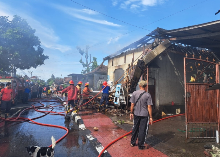 HANGUS : Kondisi warung milik Dewa Made Mujiana ludes di lahap api Minggu (21/1).