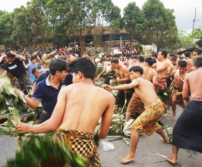 SIAT SARANG: Tradisi Siat Sarang di Desa Selat, Kecamatan Selat, Kabupaten Karangasem, Bali menggunakan daun enau atau daun kelapa bekas alat untuk membuat jaja uli.