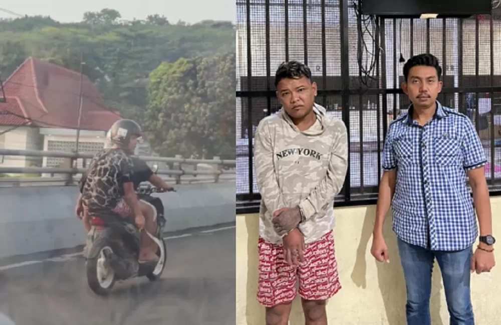 FOTO KIRI: Achmad Ridwan dan temannya bergaya sok jagoan mengacung-acungkan celurit saat melintas di Flyover Jatingaleh, Kota Semarang. FOTO KANAN: Tersangka Achmad Ridwan diamankan polisi. (ISTIMEWA)
