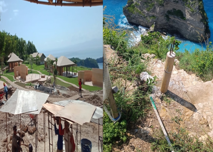 PEMBUATAN TANGGA : Satpol PP Klungkung saat melakukan sidak ke lokasi pembuatan tangga di tebing Diamond Beach, Jumat (22/3).