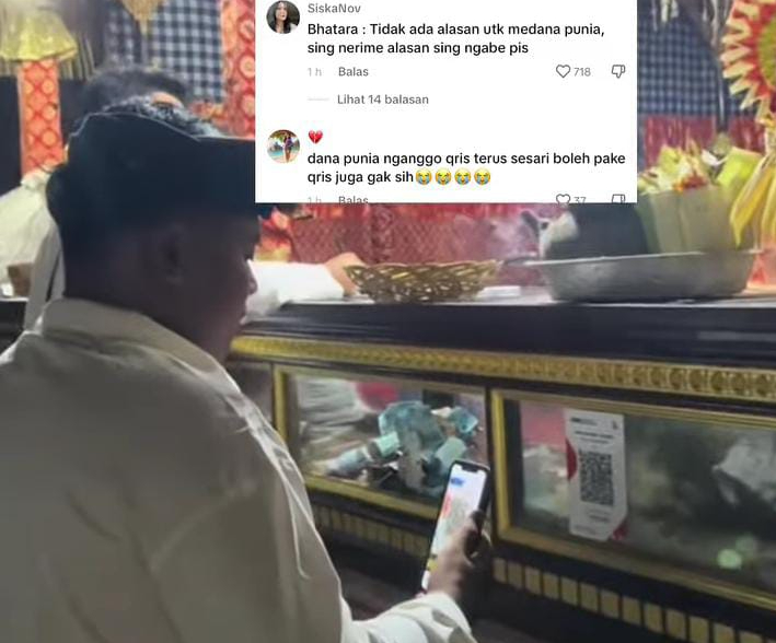 Seorang pemedek terlihat medana punia dengan menggunakan aplikasi Qris