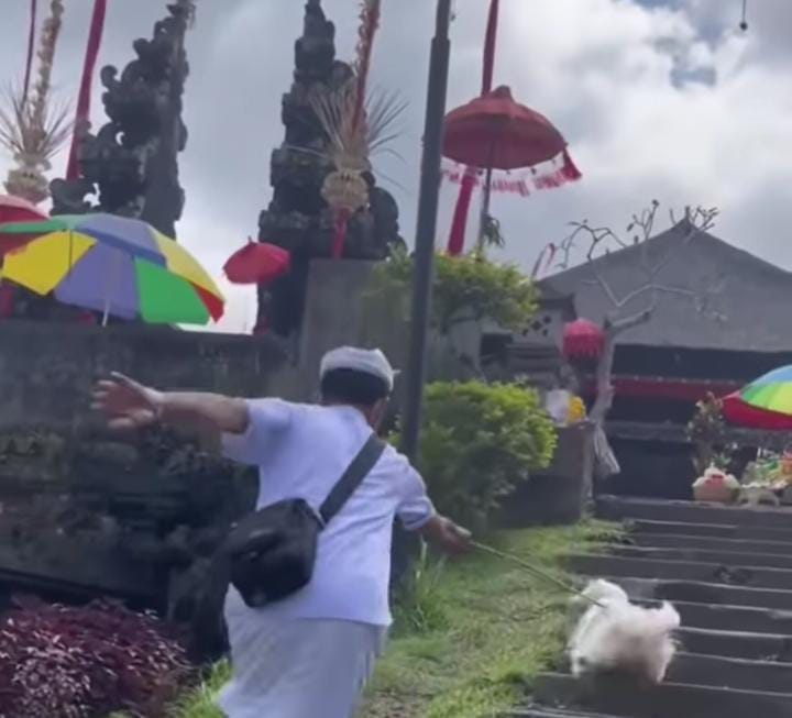 Seorang pemedek bikin geram warganet karena membawa hewan peliharaan ke Pura