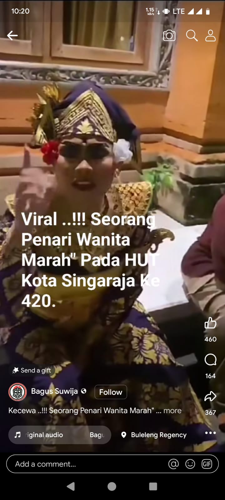 VIDEO: Potongan video seorang penari wanita marah saat HUT ke-420 Kota Singaraja.