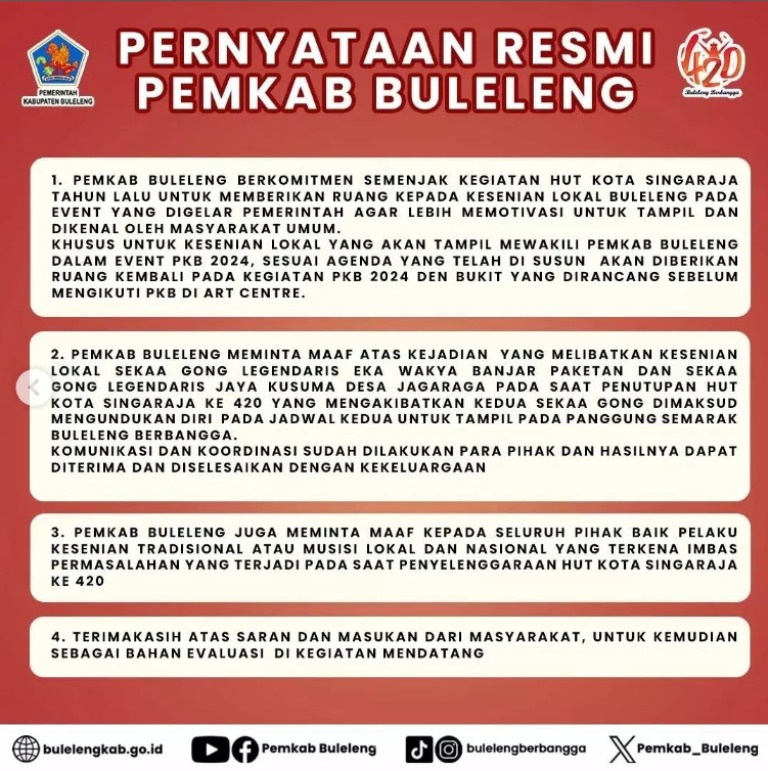 PERNYATAAN: Pernyataan resmi dari Pemkab Buleleng terkait insiden Gong Kebyar Legendaris yang batal tampil di HUT Kota Singaraja.