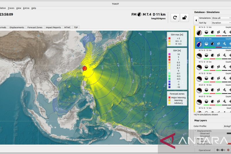 Peta pusat gempa bumi berkekuatan  Mw 7,4 dan menimbulkan tsunami kecil yang melanda Taiwan bagian timur - Ishigakijima, Jepang, Rabu (3/4/2024) pagi sekitar pukul 06.58 WIB.