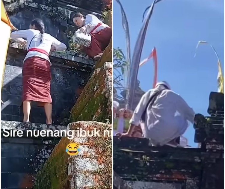 Tak sabar antre sejumlah pemedek justru meloncat tembok di Pura Besakih