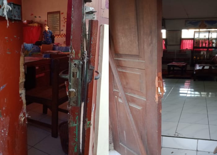 DISATRONI MALING : Kondisi pintu yang dicongkel di SDN 5 Tulikup.