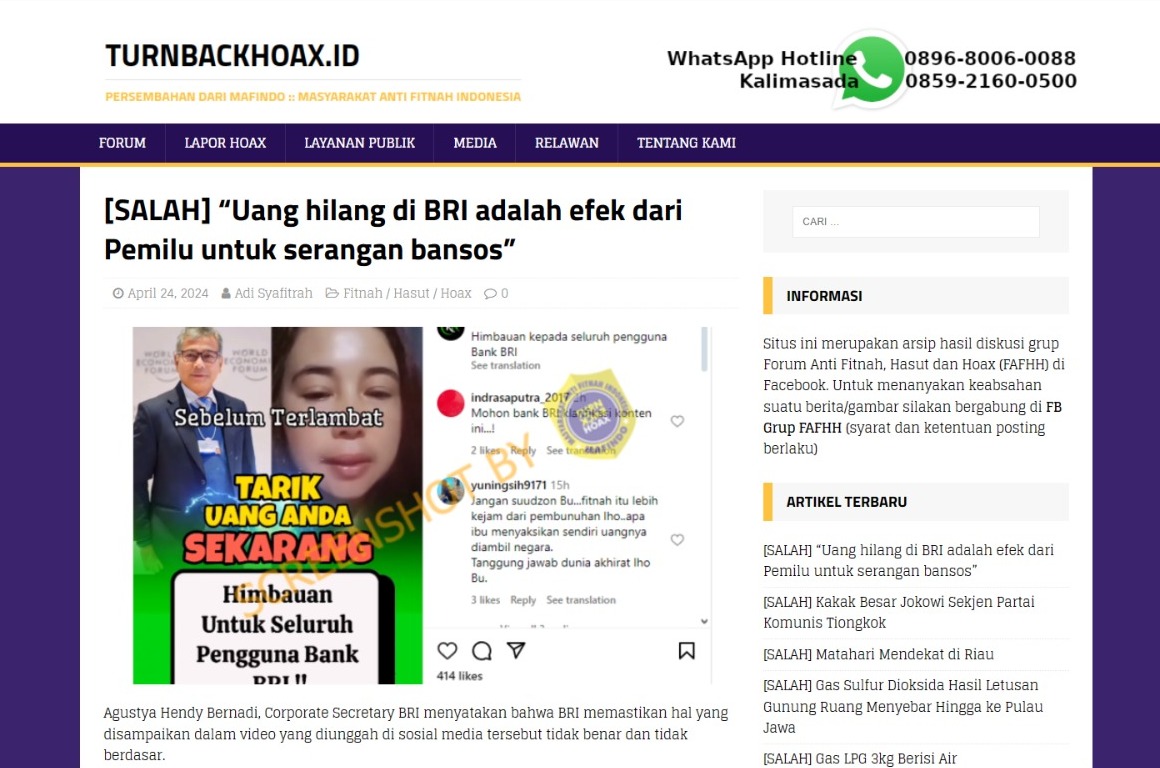 HOAKS: Beredar video himbauan kepada seluruh pengguna bank BRI untuk tarik uang sekarang. Ternyata video tersebut adalah hoaks.